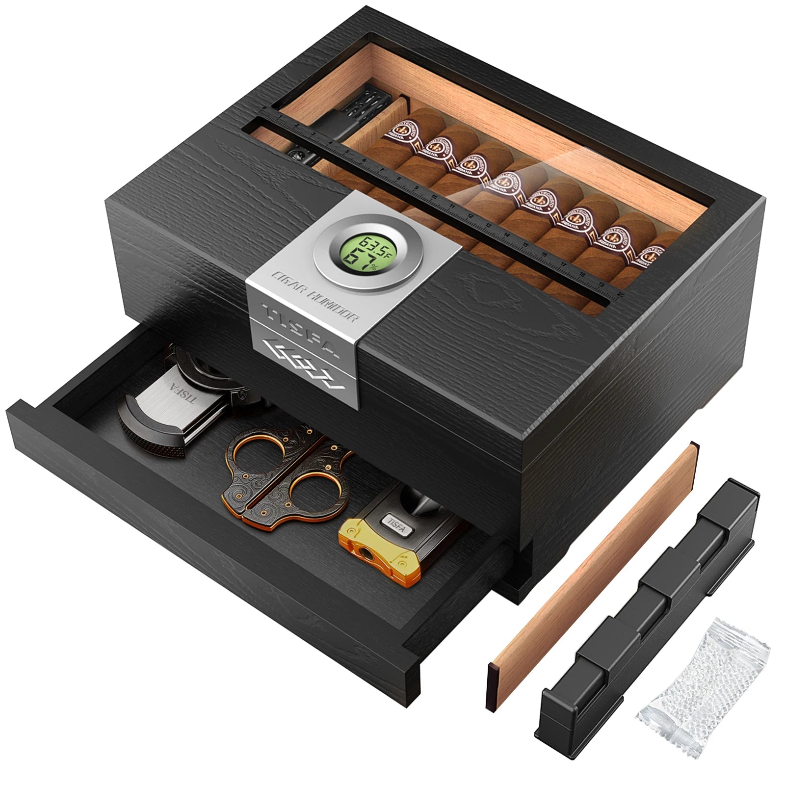 Umidificador de caixa de charuto com higrômetro e umidificador, caixa de madeira de cedro com gaveta, divisor, medidor de comprimento, presente de caixa de umidificador de mesa
