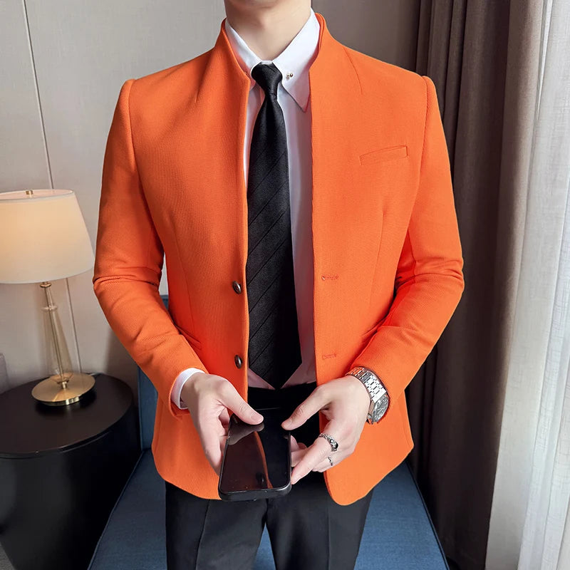 Waffle novo chinês gola alta terno casacos masculino fino ajuste negócios casual moda ternos jaqueta formal social baile de formatura festa smoking