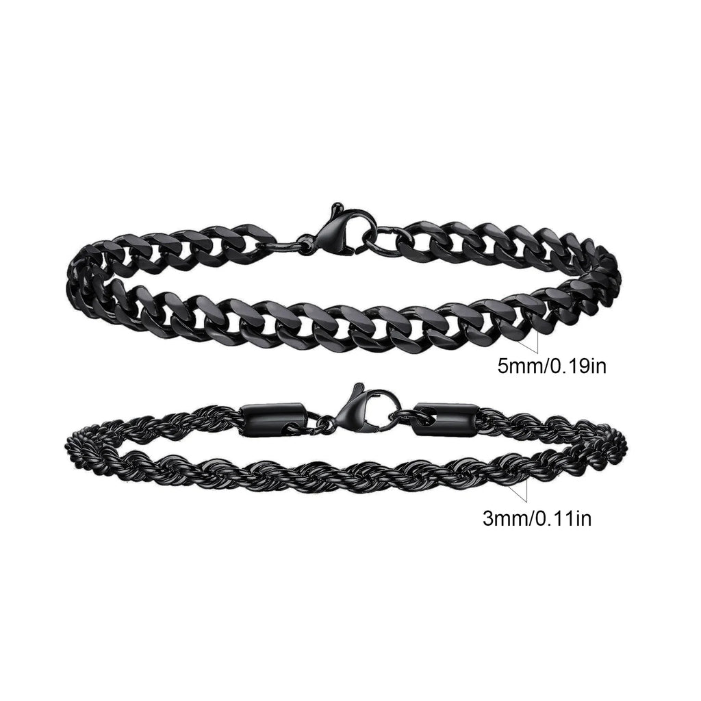2 peças pulseiras de corrente masculina, corrente de corda torcida de aço inoxidável cor preta dourada prateada, presente de pulseira de corrente cubana da moda