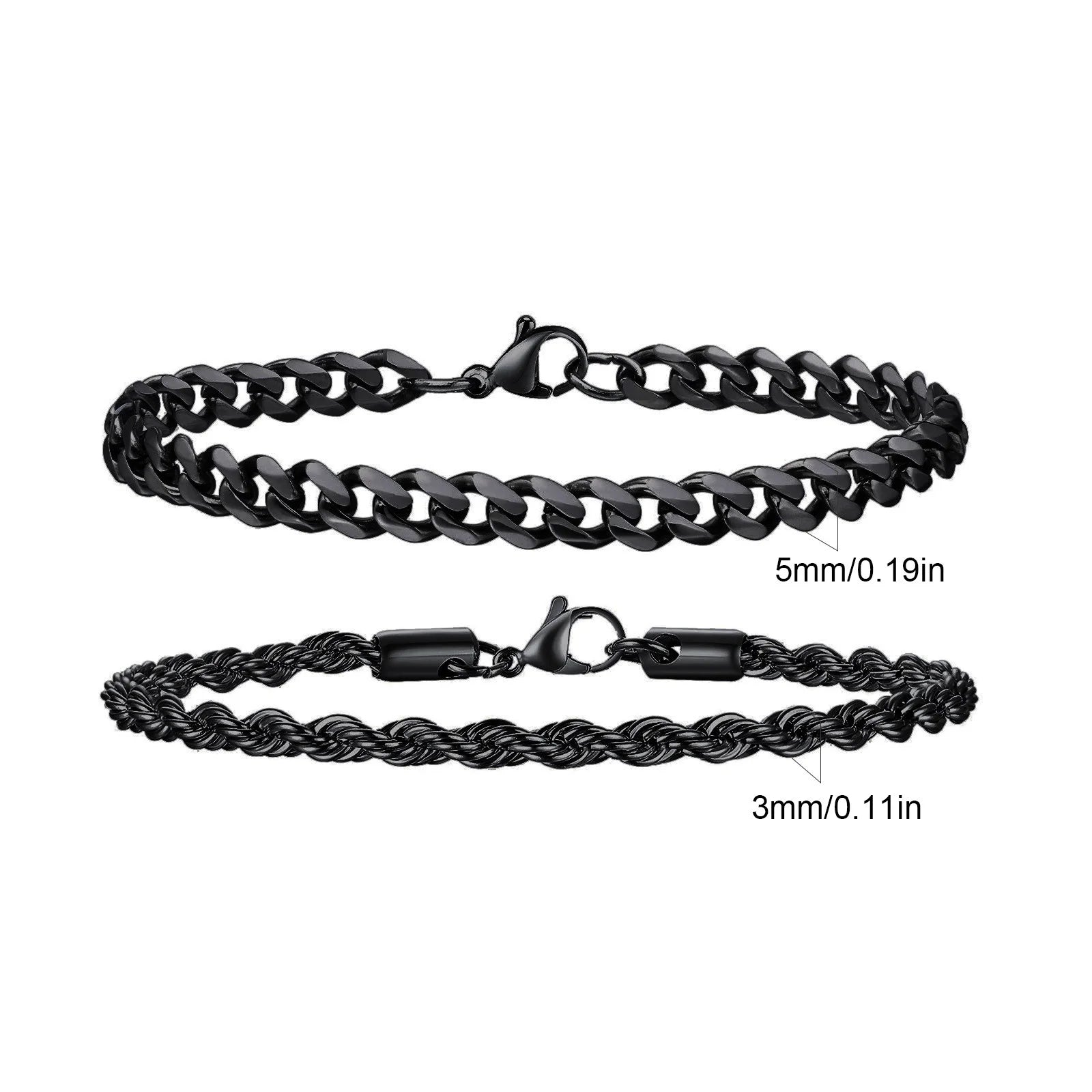 2 peças pulseiras de corrente masculina, corrente de corda torcida de aço inoxidável cor preta dourada prateada, presente de pulseira de corrente cubana da moda
