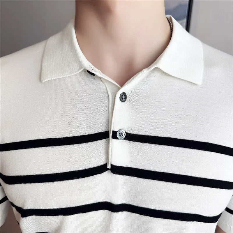 2025 verão masculino respirável listrado contraste painel polo camisa de alta qualidade casual manga curta malha camiseta topo roupas masculinas