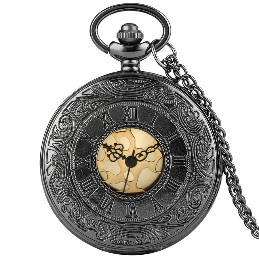 Preto numerais romanos relógio de bolso de quartzo masculino feminino preto oco caso steampunk vintage pingente colar melhores presentes para homens