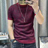 Novo houndstooth masculino manga curta camisola camiseta o pescoço de malha topo t streetwear alta qualidade clube social casual camiseta