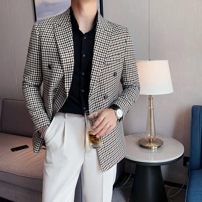 Estilo britânico fino ajuste houndstooth blazer para homens 2023 moda duplo breasted negócios escritório vestido de casamento terno jaqueta