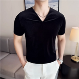 Camisetas elásticas com decote em v de veludo 2025 verão novo ajuste fino respirável manga curta camiseta cor sólida moda casual camisetas