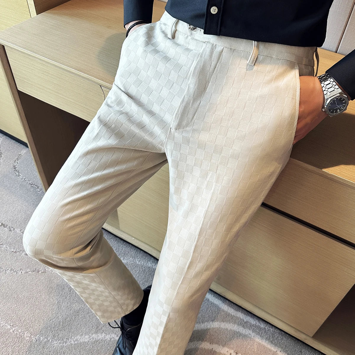 Novos homens casuais xadrez terno calças moda masculina fino ajuste negócios social vestido calças formal casamento festa social calças masculinas