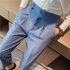 Estilo britânico outono novo vestido de cintura alta calças homens cinto design listras terno fino calças formal casamento festa social calças masculinas