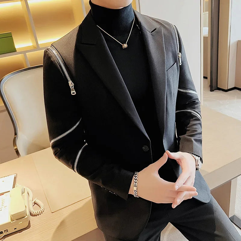 2024 outono novo zíper decoração blazer masculino casual fino ajuste vestido de negócios casacos homme formal baile de formatura smoking roupas masculinas