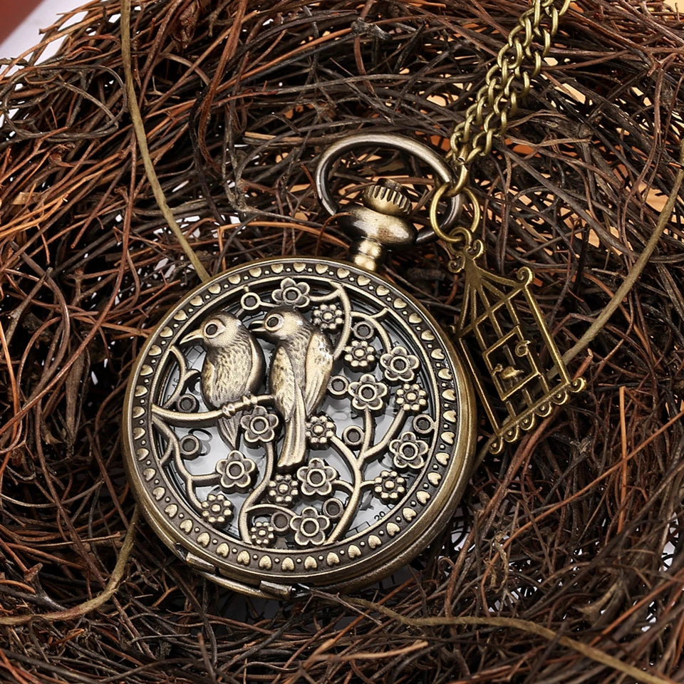 Dois pequenos pássaros estilo retro relógio de bolso de quartzo corrente steampunk colar pingente fob relógio animal com gaiola acessório