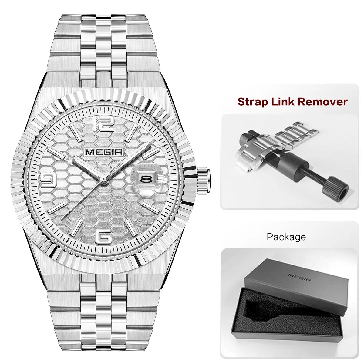 Megir relógio de quartzo estilo simples para homens, relógio de pulso analógico de negócios da moda com pulseira de aço inoxidável, data, mãos luminosas