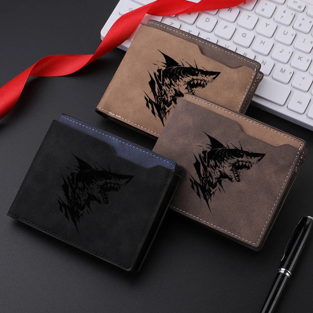 Carteira curta masculina com padrão de tubarão couro PU retrô design casual carteira com slot para vários cartões para jovens estudantes