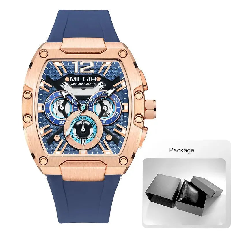 MEGIR-Relógio quartzo impermeável masculino, verde dourado, pulseira de silicone, cronógrafo, relógio de pulso com data, ponteiros luminosos, moda desportiva
