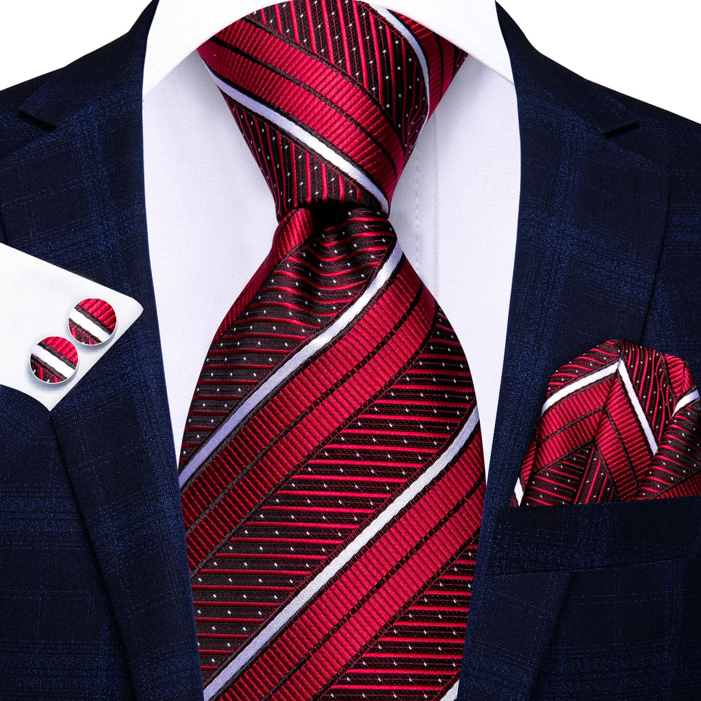 Hi-tie listrado borgonha azul preto masculino elegante gravata lenço abotoaduras 3 pçs conjunto moda clássico seda gravata de luxo para homem