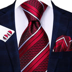 Hi-tie listrado borgonha azul preto masculino elegante gravata lenço abotoaduras 3 pçs conjunto moda clássico seda gravata de luxo para homem