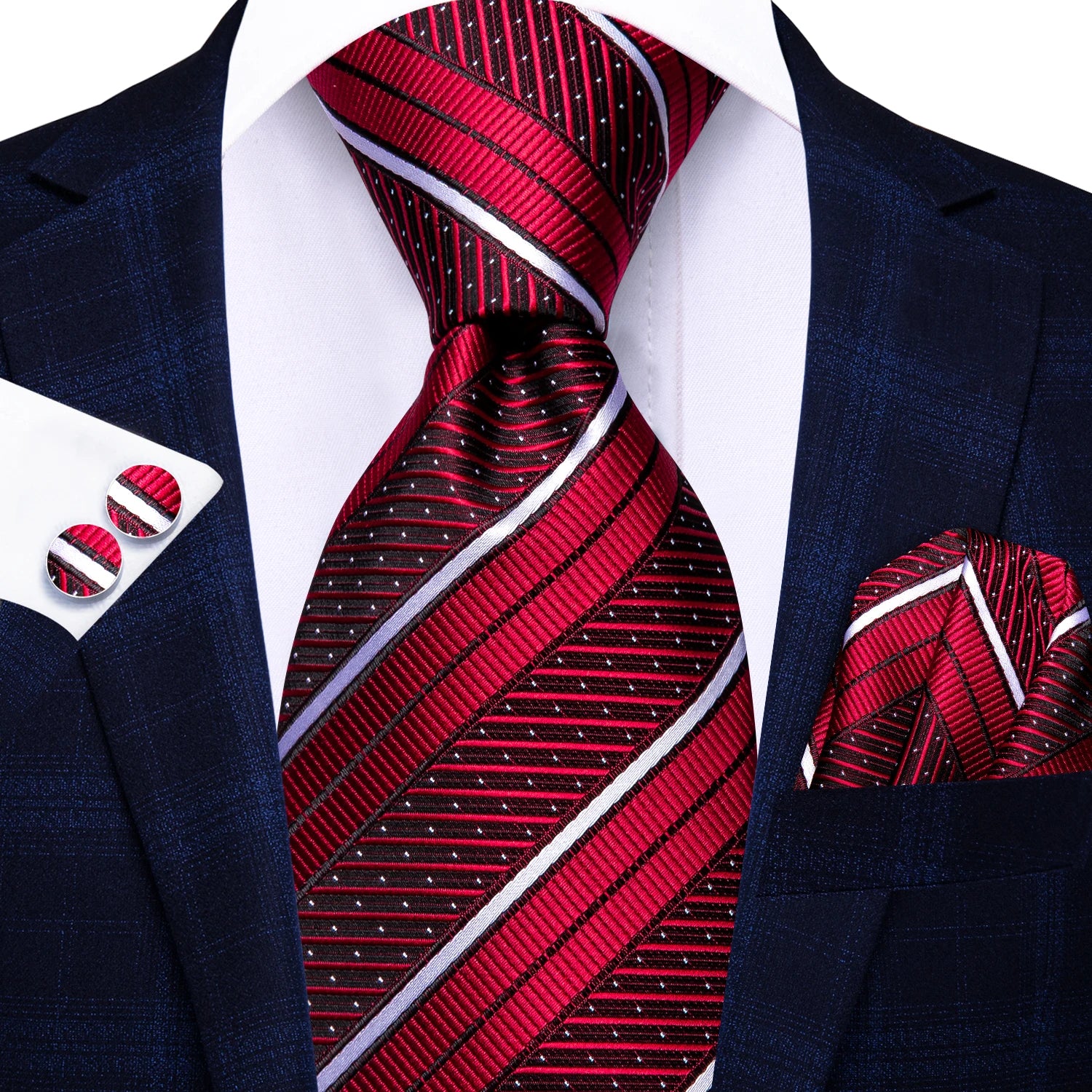 Hi-tie listrado borgonha azul preto masculino elegante gravata lenço abotoaduras 3 pçs conjunto moda clássico seda gravata de luxo para homem