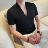 Camiseta masculina com decote em v 2025 verão moda sólida manga curta t camisa masculina fino ajuste casual versátil camisetas topo roupas masculinas