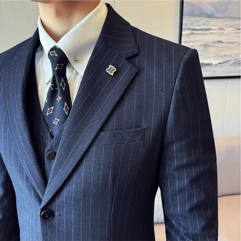 7xl-m (jaqueta + colete + calças) estilo italiano luxo listrado masculino festa smoking moda masculina casamento social fino ajuste terno 3 peça conjunto
