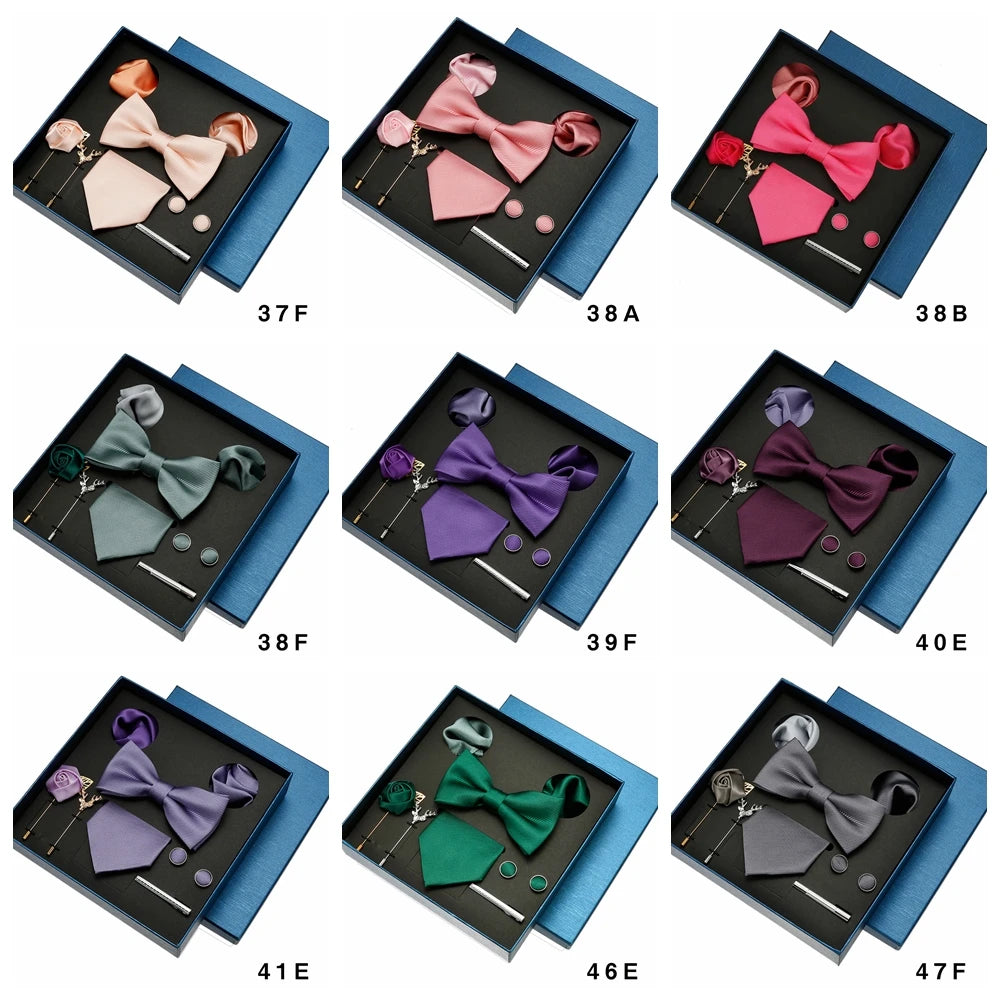 Conjunto de gravata lisa para homens, cor sólida, bolso, broche quadrado, caixa de presente para casamento, negócios, luxo, 8 peças, presente masculino