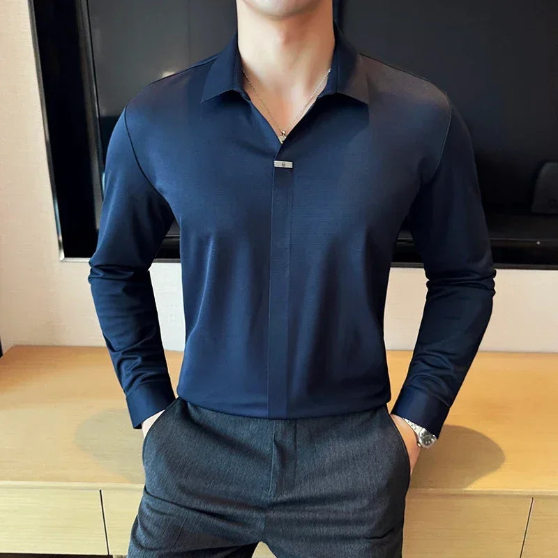 Camisa polo masculina com decote em v, alta elasticidade, sem marcação, alta qualidade, manga comprida, lapela, sólida, slim fit, camiseta casual, roupas masculinas 4xl