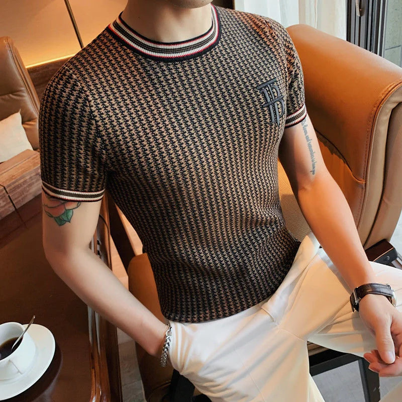 Estilo britânico mil pássaros verificar camiseta masculina novo bordado fino de malha t camisa masculina o-pescoço homme clube social outfits topo t