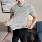 Moda listra masculina camisetas verão meia alta pescoço fino ajuste casual versátil respirável t camisa pulôver roupas masculinas 4xl-m