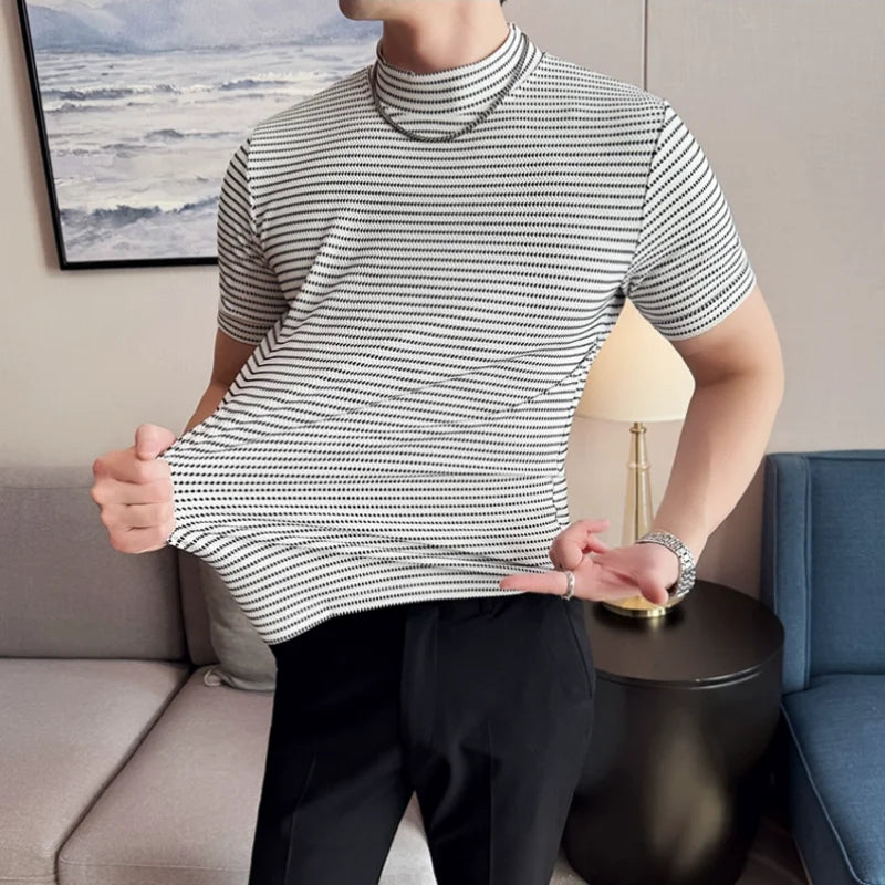 Moda listra masculina camisetas verão meia alta pescoço fino ajuste casual versátil respirável t camisa pulôver roupas masculinas 4xl-m
