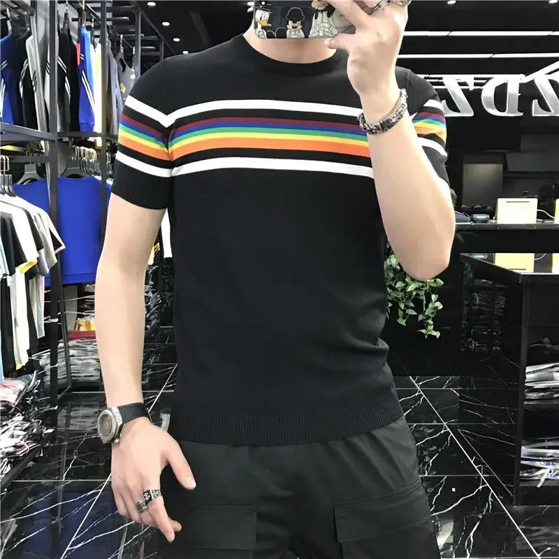 Camiseta de malha listra colorida masculina, manga curta, gola O, streetwear casual, verão, 2022