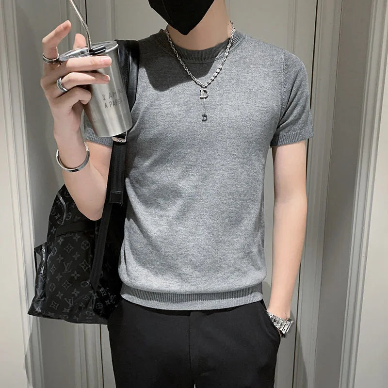 Verão fino pulôver meia gola alta camiseta masculina de malha manga curta topo masculino cor sólida camisola magro camiseta streetwear