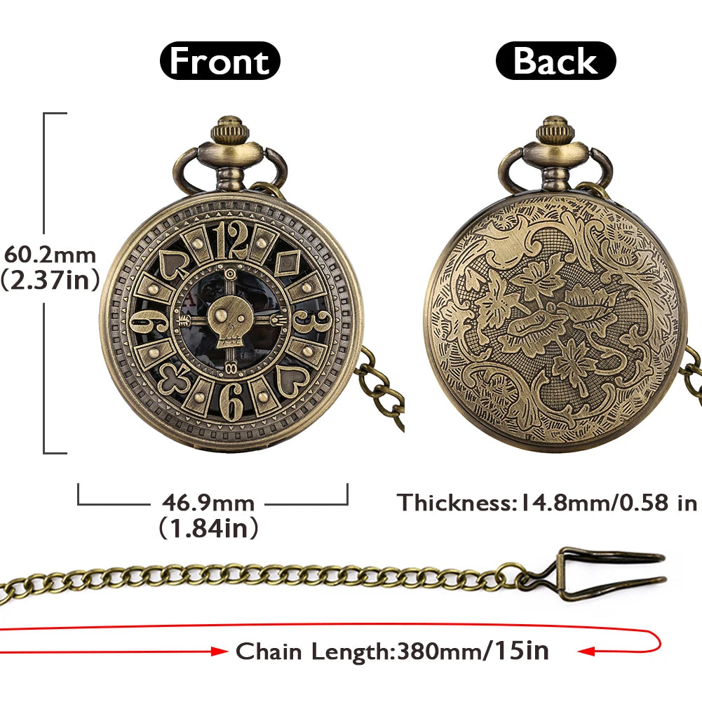 Relógio de Bolso Quartzo Fob, Bronze, Cartões Retro Poker, Design da Caveira, Visor Fantasma, Steampunk, Relógio Vintage, 80cm, 38cm Corrente