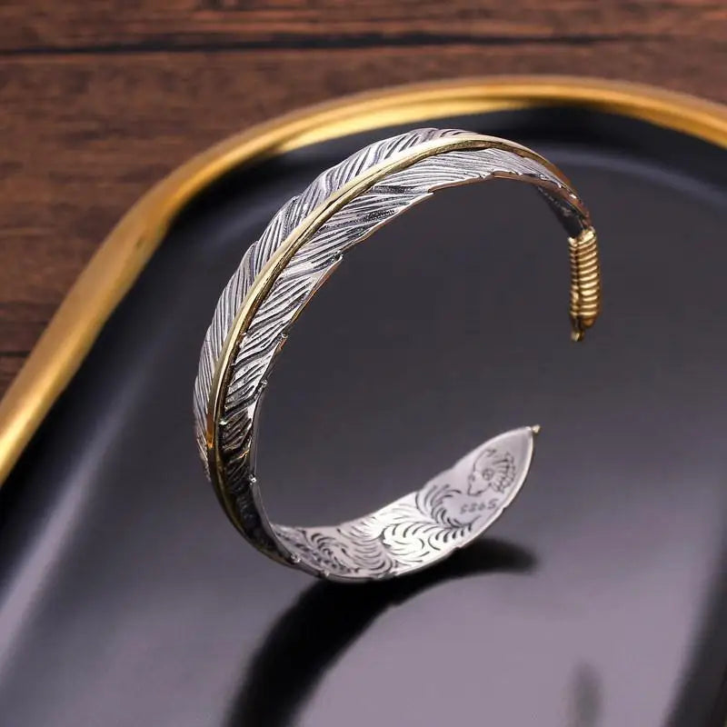 Pulseira de penas com padrão de grama Tang, masculina moderna, prata antiga, personalizada, versátil, pulseira aberta retrô
