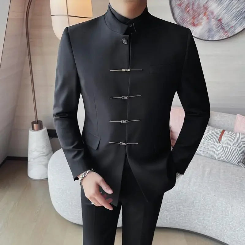 Estilo chinês gola alta terno jaqueta para homens de alta qualidade dos homens fino ajuste casual vestido de casamento social casaco roupas masculinas