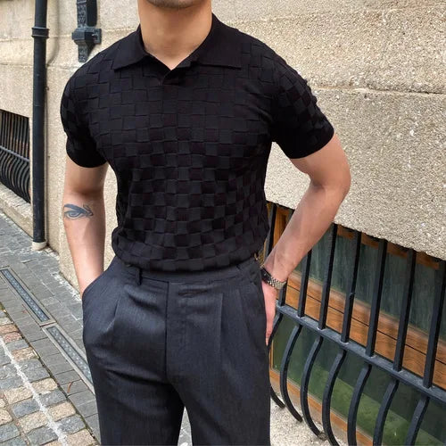 Camisas polo xadrez de malha masculina, camiseta de lapela, manga curta, gola em v, elástica, justa, casual, de negócios, social, verão, 2022