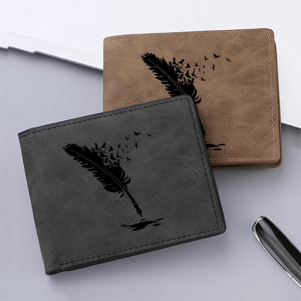 Nova carteira masculina premium com padrão de pena de anjo preto com vários slots para cartões, bolso para moedas, zíper, carteira rígida masculina