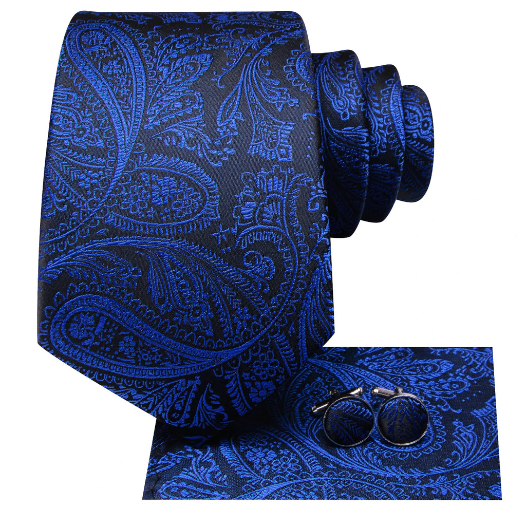 Conjunto de gravata paisley preta de luxo masculino, caixa de presente inclui gravata, gravata borboleta, lenço, abotoaduras, anel, clipe de lapela, boutonniere.