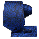 Conjunto de gravata paisley preta de luxo masculino, caixa de presente inclui gravata, gravata borboleta, lenço, abotoaduras, anel, clipe de lapela, boutonniere.