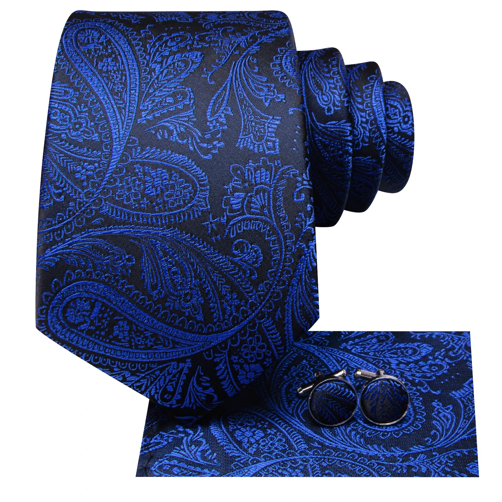 Conjunto de gravata paisley preta de luxo masculino, caixa de presente inclui gravata, gravata borboleta, lenço, abotoaduras, anel, clipe de lapela, boutonniere.
