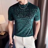 Camiseta jacquard de veludo dourado primavera verão nova meia gola alta ajuste fino casual manga curta respirável camiseta roupas masculinas