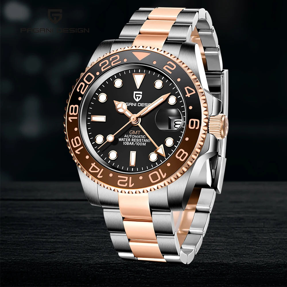 Pagani design 40mm nh34 relógio mecânico totalmente automático masculino luxo vidro safira 40mm cerâmica gmt relógio 100m à prova dwaterproof água