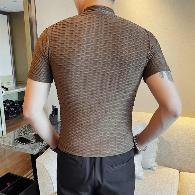 Verão meia gola alta elástica t camisas para homens moda coreana versátil fino ajuste manga curta pullovers casuais topos t 4xl-m