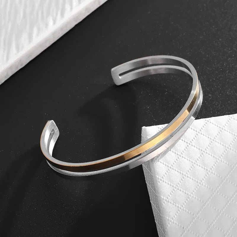 Pulseira de punho simples brilhante de dupla camada de aço inoxidável adequada para homens e mulheres pulseira de punho de duas cores joias de casal