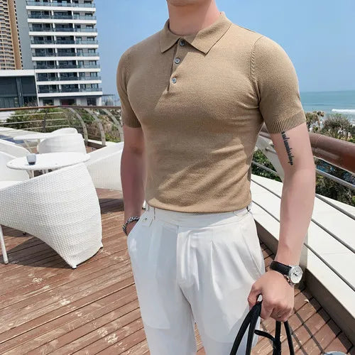 Camisa polo de manga curta Slim Fit masculina Polos de cor sólida, roupas formais de negócios casuais, novas marcas de moda, verão, 2022