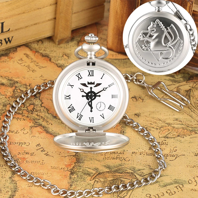 Vintage preto fullmetal alchemist relógio de bolso quartzo steampunk popular edward elric colar corrente fãs cosplay anime relógios