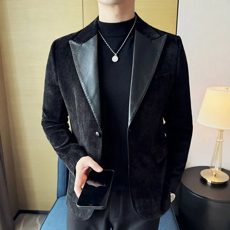 Emenda de couro pescoço moda terno jaqueta luxo negócios masculino fino ajuste social formal blazers casacos casamento noivo smoking 5xl-m