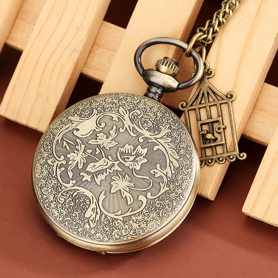 Dois pequenos pássaros estilo retro relógio de bolso de quartzo corrente steampunk colar pingente fob relógio animal com gaiola acessório