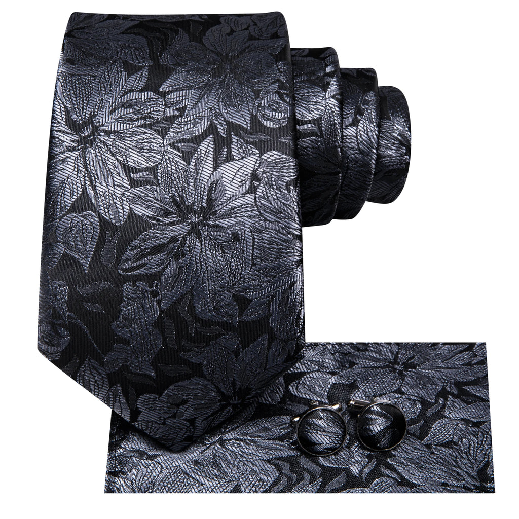 Hi-tie moda 8.5cm preto cinza floral masculino elegante gravata lenço abotoaduras conjunto acessórios de festa de casamento presente para homem gravat