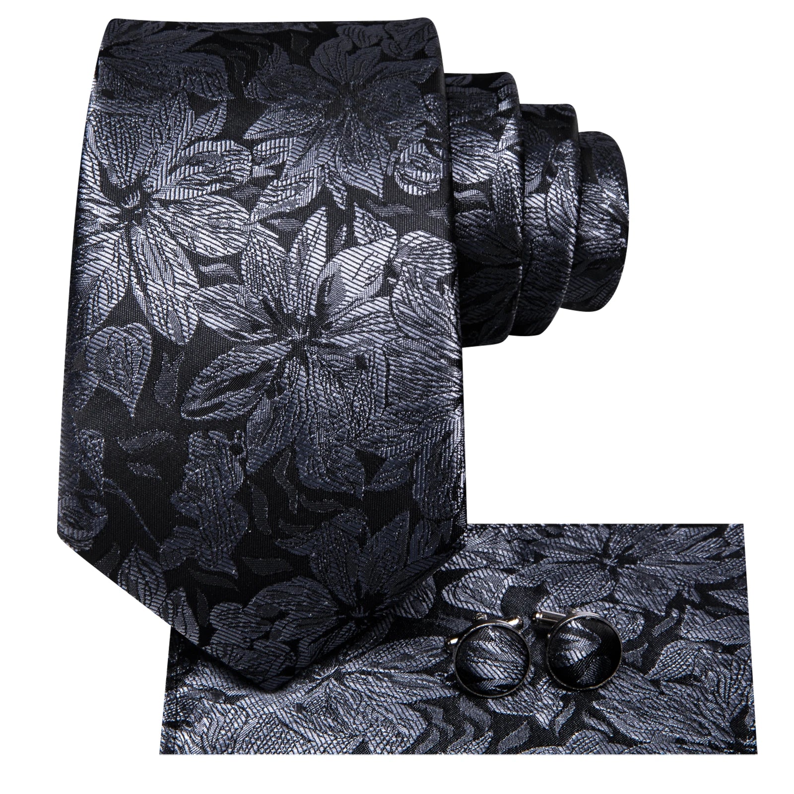 Hi-tie moda 8.5cm preto cinza floral masculino elegante gravata lenço abotoaduras conjunto acessórios de festa de casamento presente para homem gravat