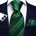 Hi-tie listrado borgonha azul preto masculino elegante gravata lenço abotoaduras 3 pçs conjunto moda clássico seda gravata de luxo para homem