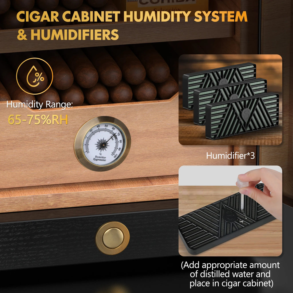 Armário de umidificador de charuto de mesa, controle de luz, prateleiras de madeira de cedro, higrômetro, umidificadores, gaveta de acessórios de charuto