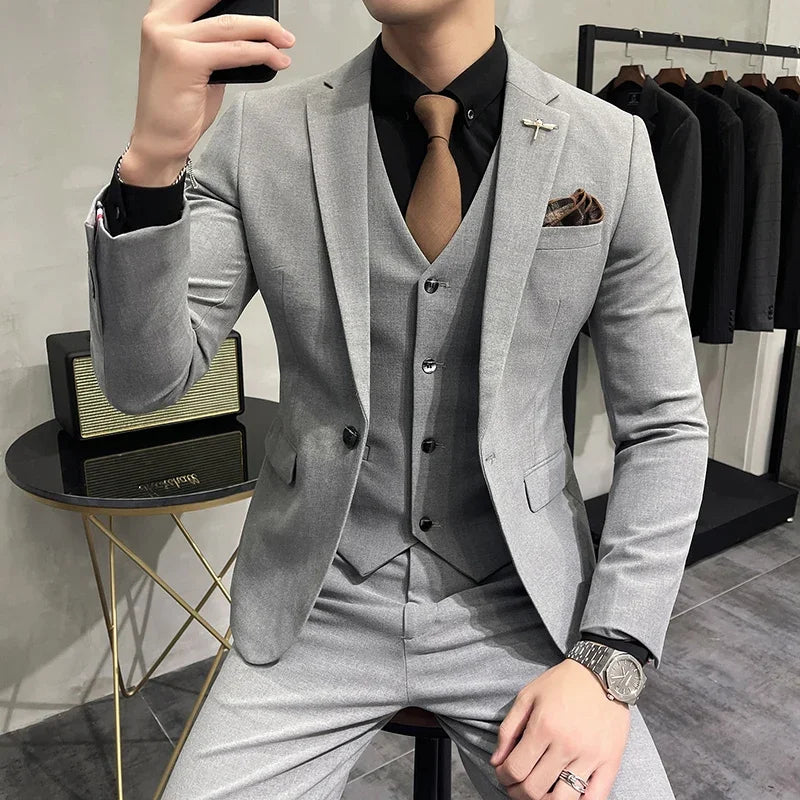 (Jaqueta + colete + calça) plus size 7xl-s masculino coreano fino ajuste noivo casamento negócios casual smoking masculino trabalho terno social 3 peças