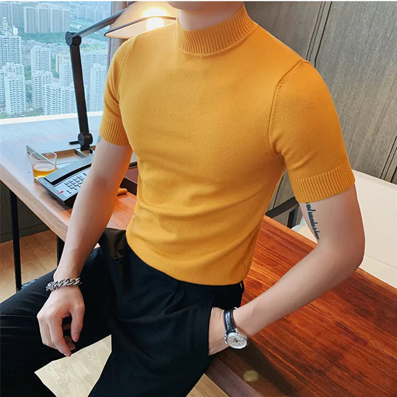 11 cores outono de alta qualidade manga curta malha t camisas dos homens fino sólido pullovers casual esticado camiseta streetwear homme
